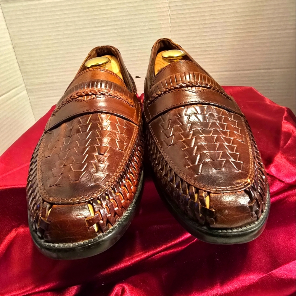 VERDE INTERNATIONAL MEN'S VINTAGE BROWN LEATHER WOVEN SLIP-ON LOAFERS SIZE 10.5